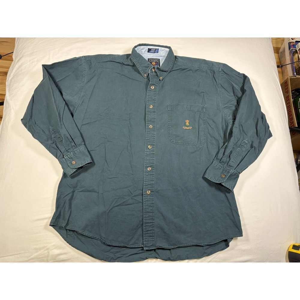 Vintage Chaps Ralph Lauren Shirt Mens XL Teal Green Twill Long Sleeve Crest Logo